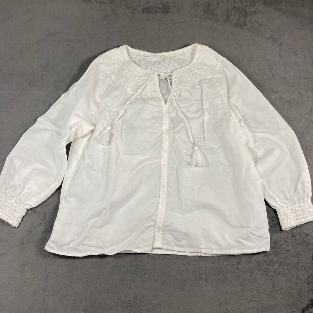 Rachel Zoe White Linen Blend Smocked Peasant Blouse Tassel Top Small
